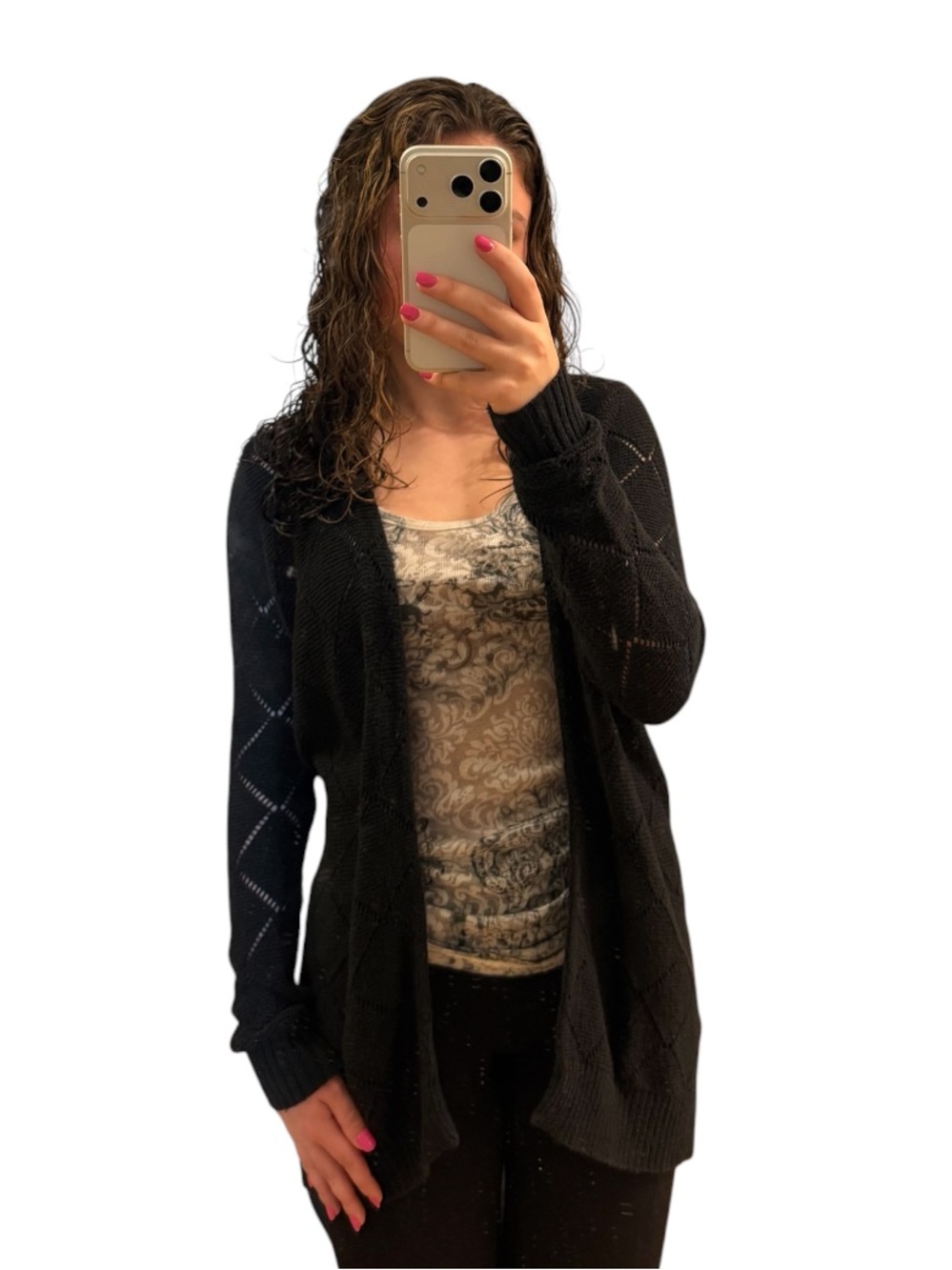 LOFT Black Open-Front Diamond Knit Cardigan Sweater